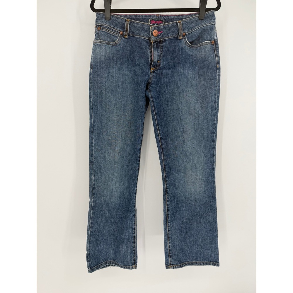 Wrangler Premium Patch Bootcut Jeans Blue Pink Contrast Stitching Women's Sz 32